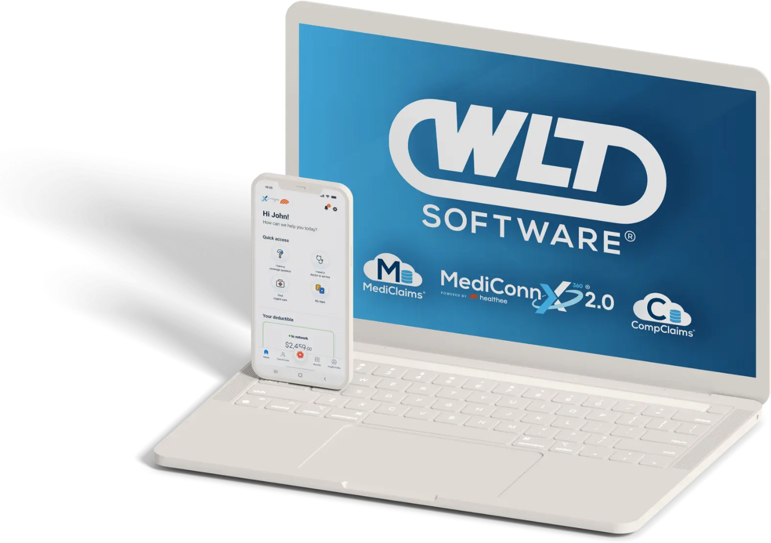 Laptop and smartphone with WLT Software branding. Screen displays features like MediClaims and MediConn. Tech, healthcare, connectivity theme.